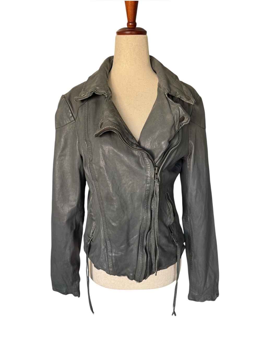 Muubaa Womens Gray Leather Moto Jacket Distressed Vintage Y2K Medium